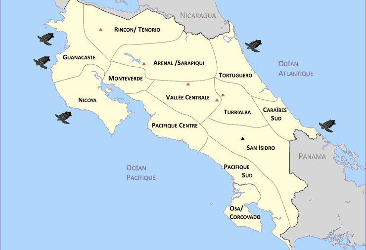 carte du costa rica représentant les lieux de pontes des tortues